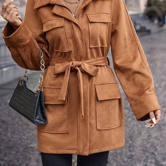 Brown Casual womens Flap Pocket Belted Suedette Coat - Picture 5 of 5